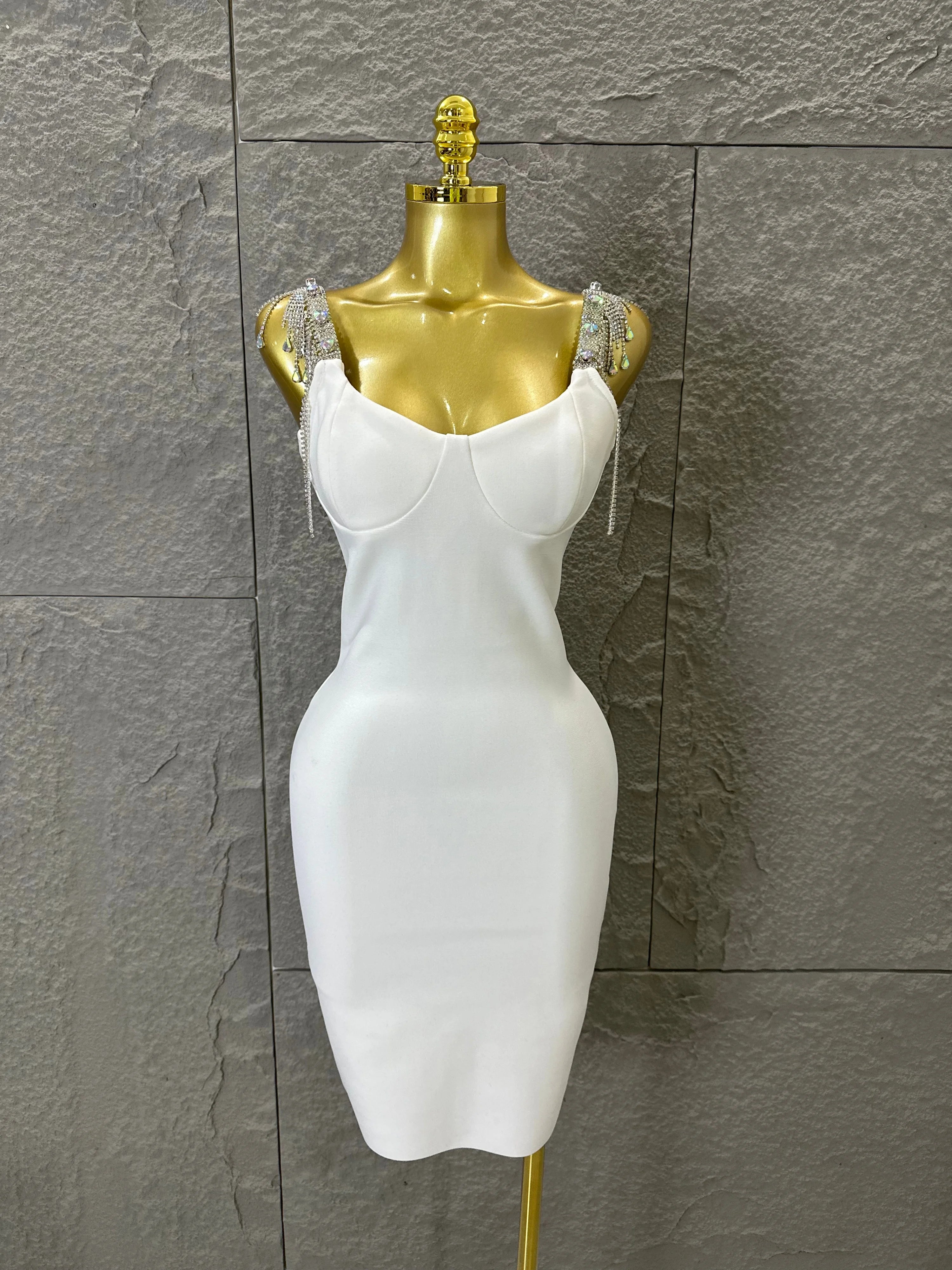 Elegant Sweetheart Neck Mini Dress Women Sexy Crystal Tassel Embellished Spaghetti Strap Bodycon Outfit Formal Event Party