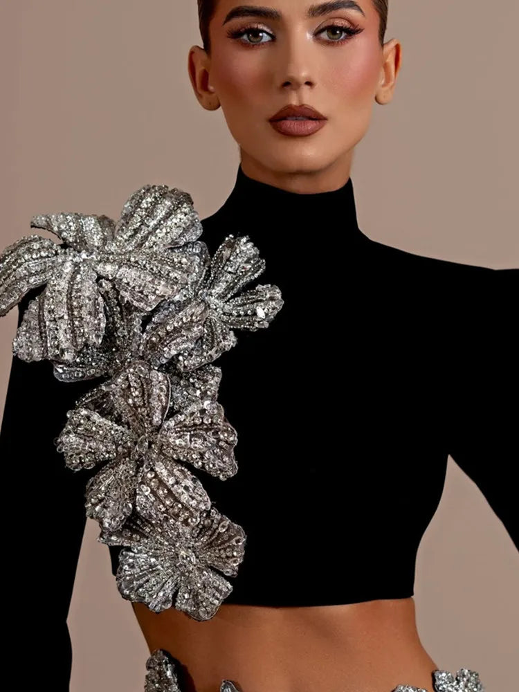 Women Sexy Long Sleeve Flower Diamonds Black Mini Two Pieces Skirt Bandage Set 2025 Celebrity Designer Fashion Women's Set