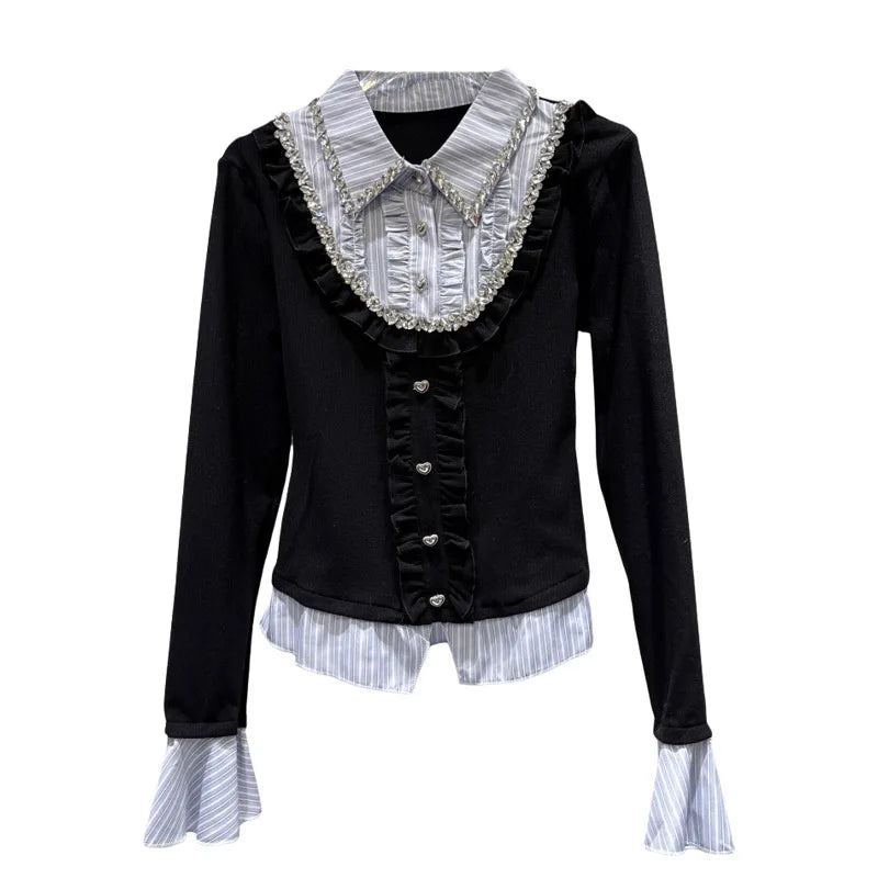 Winter New Style Rhinestone Ruffled Edge Patchwork Fake Two-Piece Shirt For Women Contrast Color Tops Female 11A07757