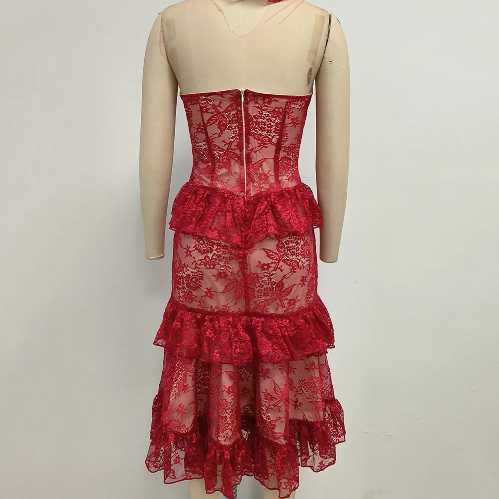 Sexy Lace Midi Halter Dress Women Red Ruffle Backless Sleeveless Party Dresses 2025 Summer Lady Vacation Robes New