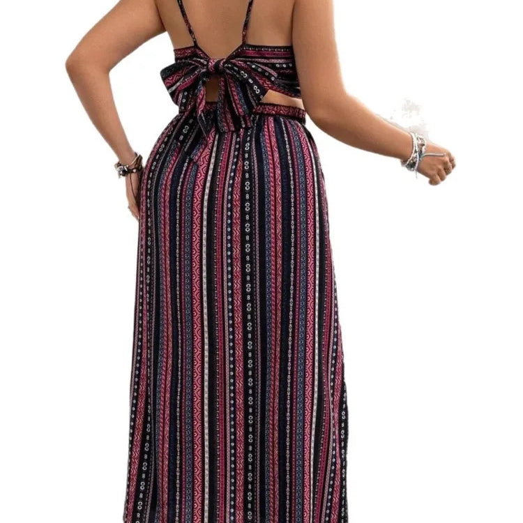 Plus Size Summer Striped Print 2 Two Piece Set Women Sexy Slim Ladies Cropped Sleeveless Slip Tops Split Loose Modis Woman Skirt