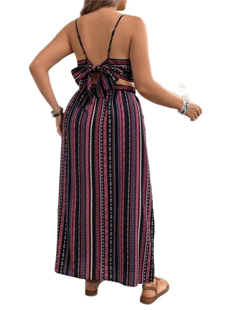 Plus Size Summer Striped Print 2 Two Piece Set Women Sexy Slim Ladies Cropped Sleeveless Slip Tops Split Loose Modis Woman Skirt