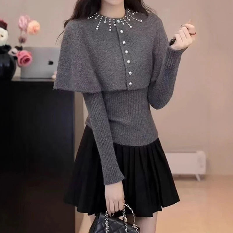 Autumn Winter Beaded Shawl Knitted Sweater For Women Slim Fit Inner Wear Layered Elegant Two-Piece Set 11A07563 Gray One Size