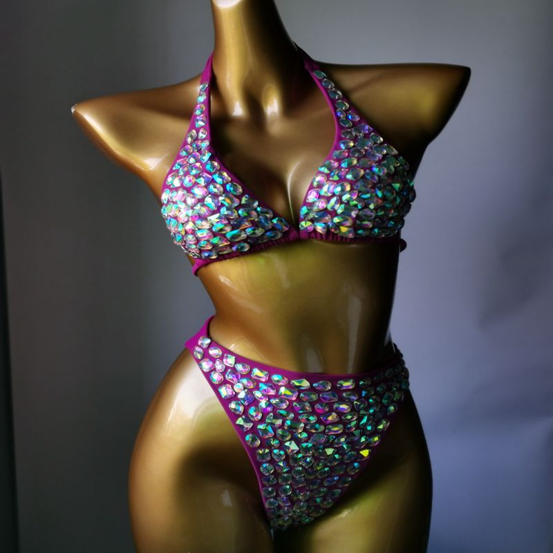 Push Up Gathered Sexy Women's Swimsuit Luxury Rhinestone Crystal Diamond Bikini High Waist Halter Straps Swimwear Purple