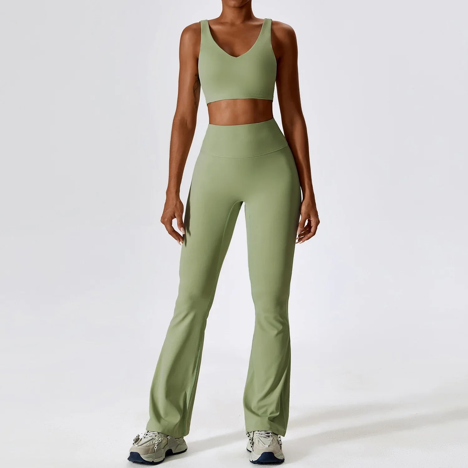 Yoga Set 2PCS Seamless Women Sportswear Workout Clothes Athletic Wear Gym Legging Fitness Bra Crop Top Long Sleeve Sports Suits Bean Green Set-2