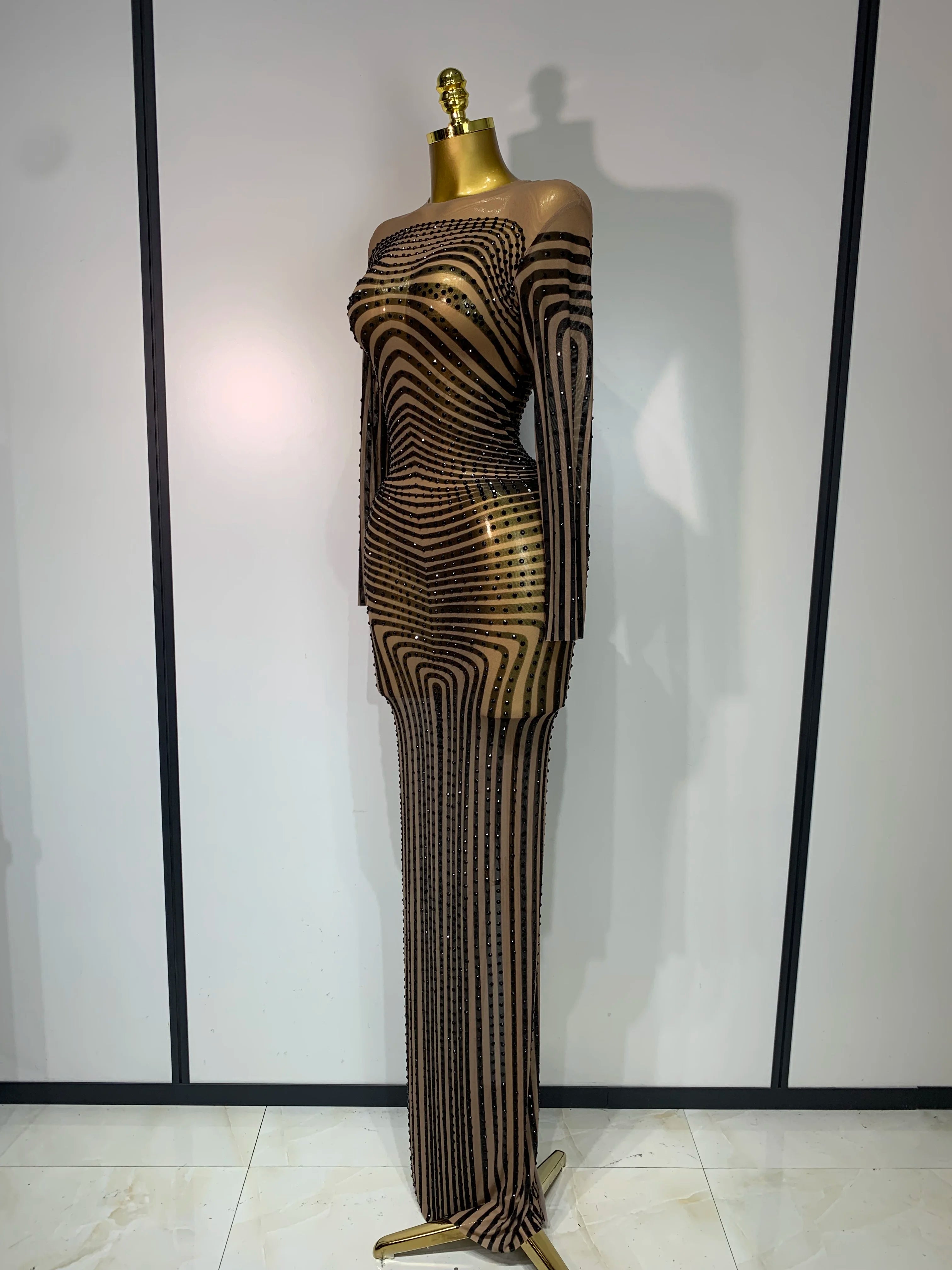 Women Sexy Mesh Perspective Shiny Diamond Dinner Dress Elegant Celebrity Evrning Party BirthdayDress Singer Stage Outfit