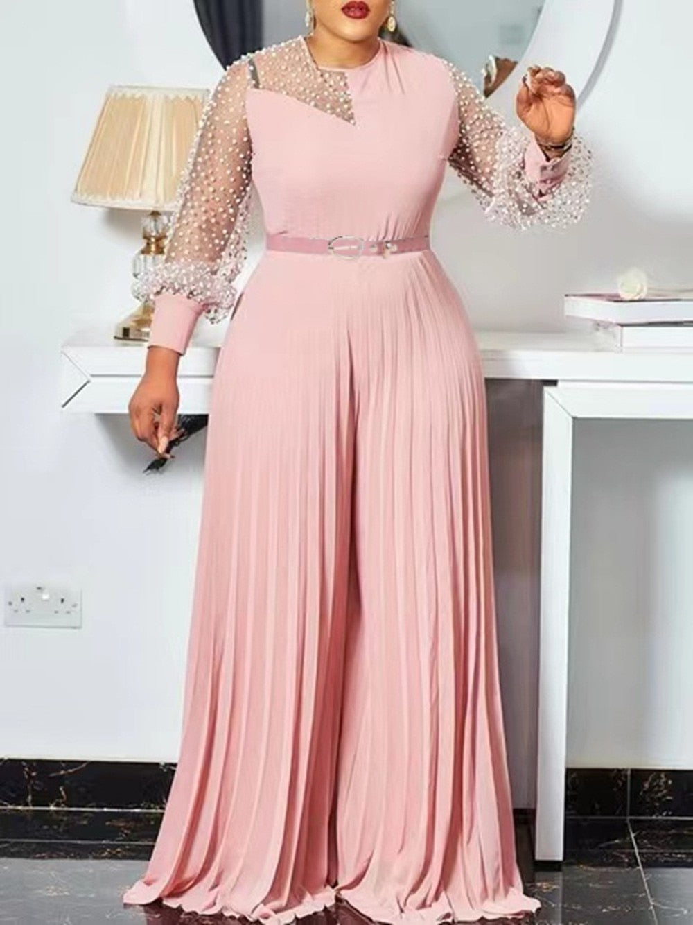 S-5xl Tenues D'automne Femmes Rose Mode Grande Taille Combinaison Mince Plissée À Manches Longues Barboteuses Vêtements Élégants En Gros Livraison Directe