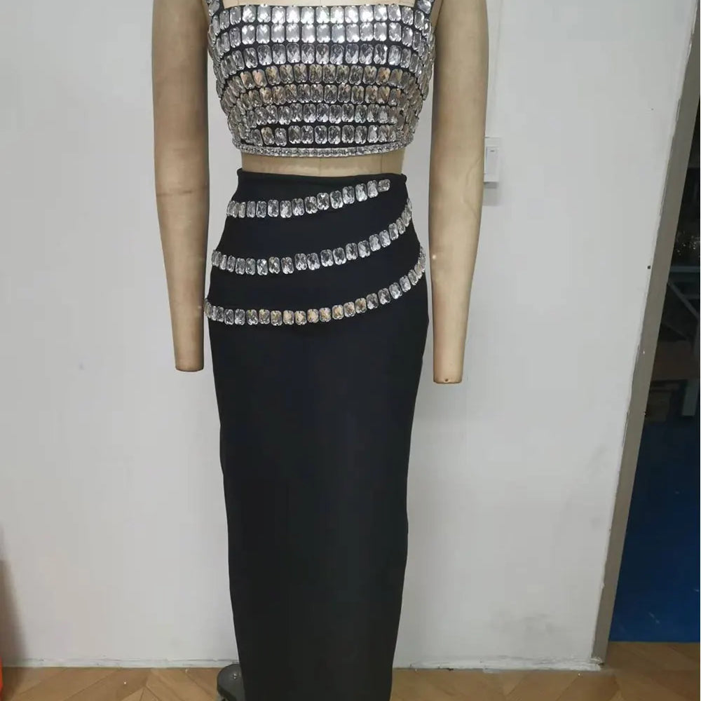 2025 Sexy Women Light Luxury Nail Bead Long Skirt Set Spaghetti Strap Sleeveless Ultra Short Vest+High Waist Skirt Two-Piece Set black