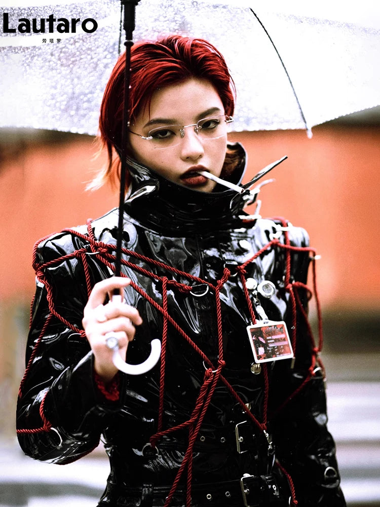 Lautaro Spring Long Cool Shiny Reflective Hard Patent Pu Leather Coat for Women Belt Luxury Designer Punk style Lace Up Clothes