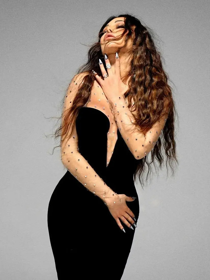 Ailigou New Women's Formal Evening Dress Wearing Sexy Mesh Long sleeved Patch Black Velvet Beaded Evening Dress