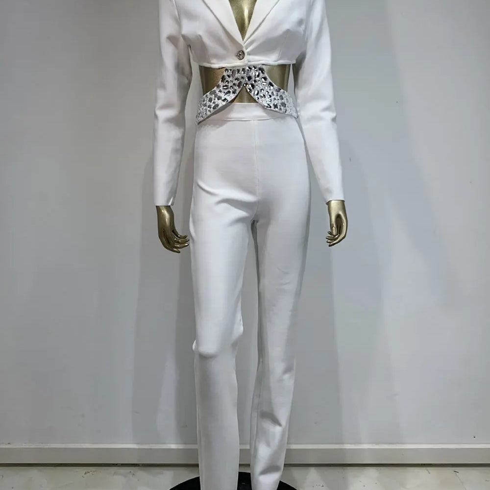 2024 Women Bandage Long Pants Set With Lapel Long Sleeved Nail Bead Design Backless Sexy Ultra Short Jacket+Pants Two-Piece Set WHITE