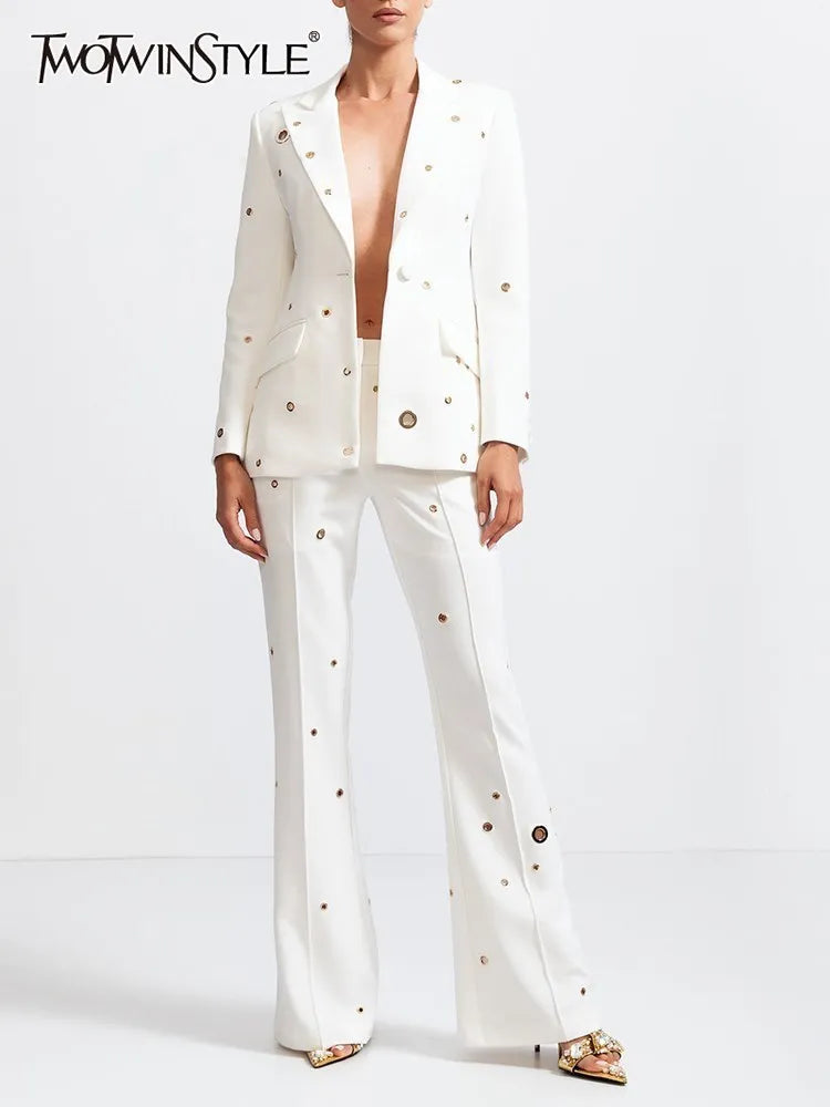 Casual Hollow Out Two Piece Sets For Women Notched Collar Long Sleeve Blazer High Waist Pant Loose Set Female Style