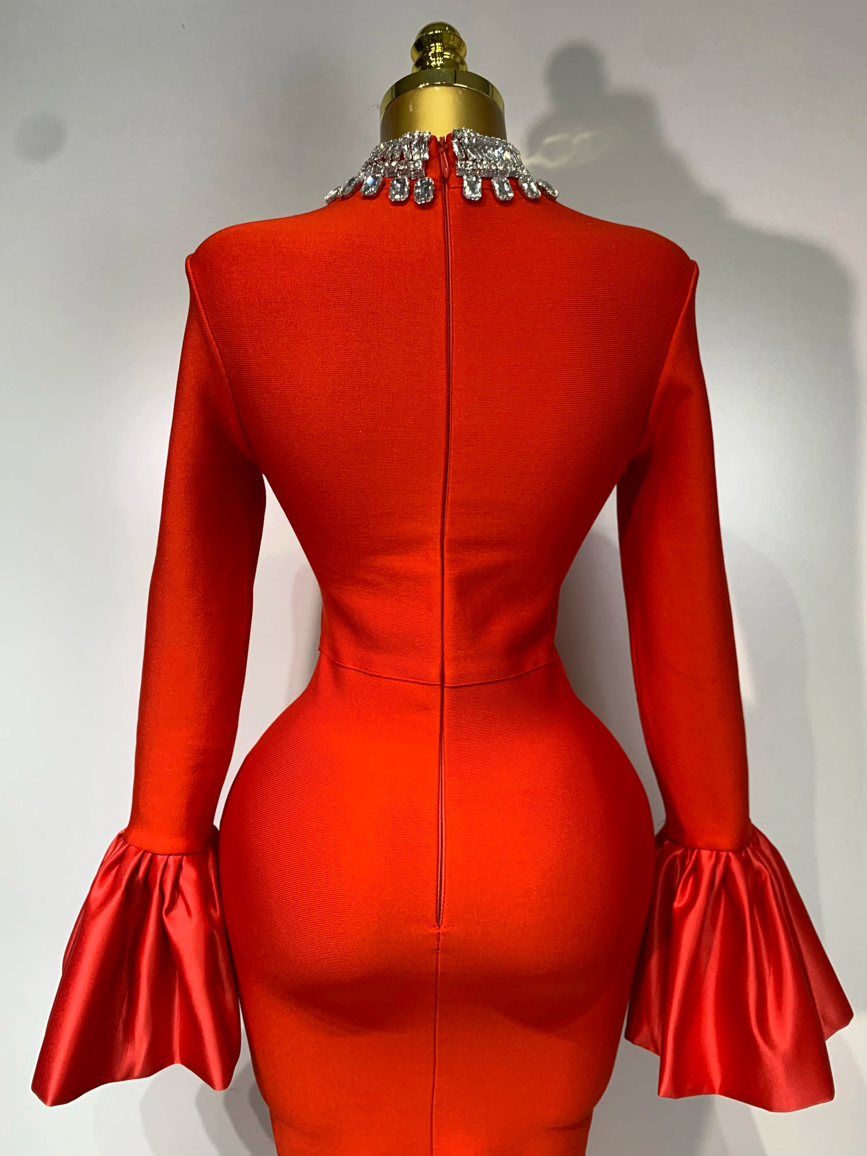 Sparkly Diamonds Neck Flare Sleeve Red Long Bandage Dress 2025 Elegant Woman Evening Party Dress Cocktail Party Club Outfit