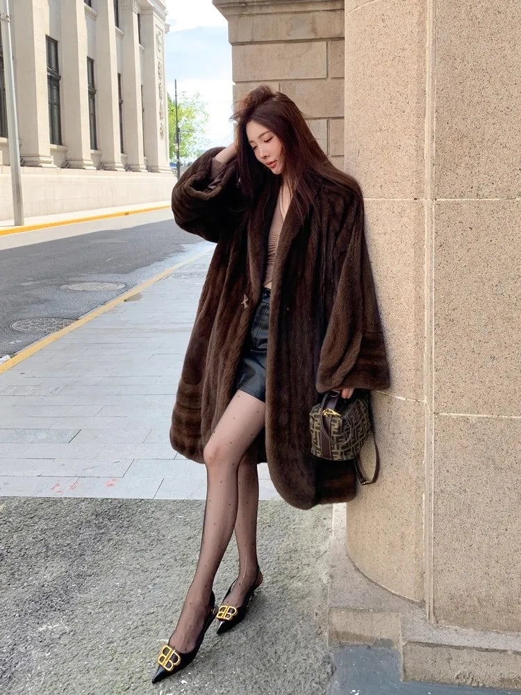Lautaro Winter Long Luxury Elegant Stylish Thick Warm Fluffy Soft Brown Faux Mink Fur Coat Women Shawl Collar Furry Overcoat