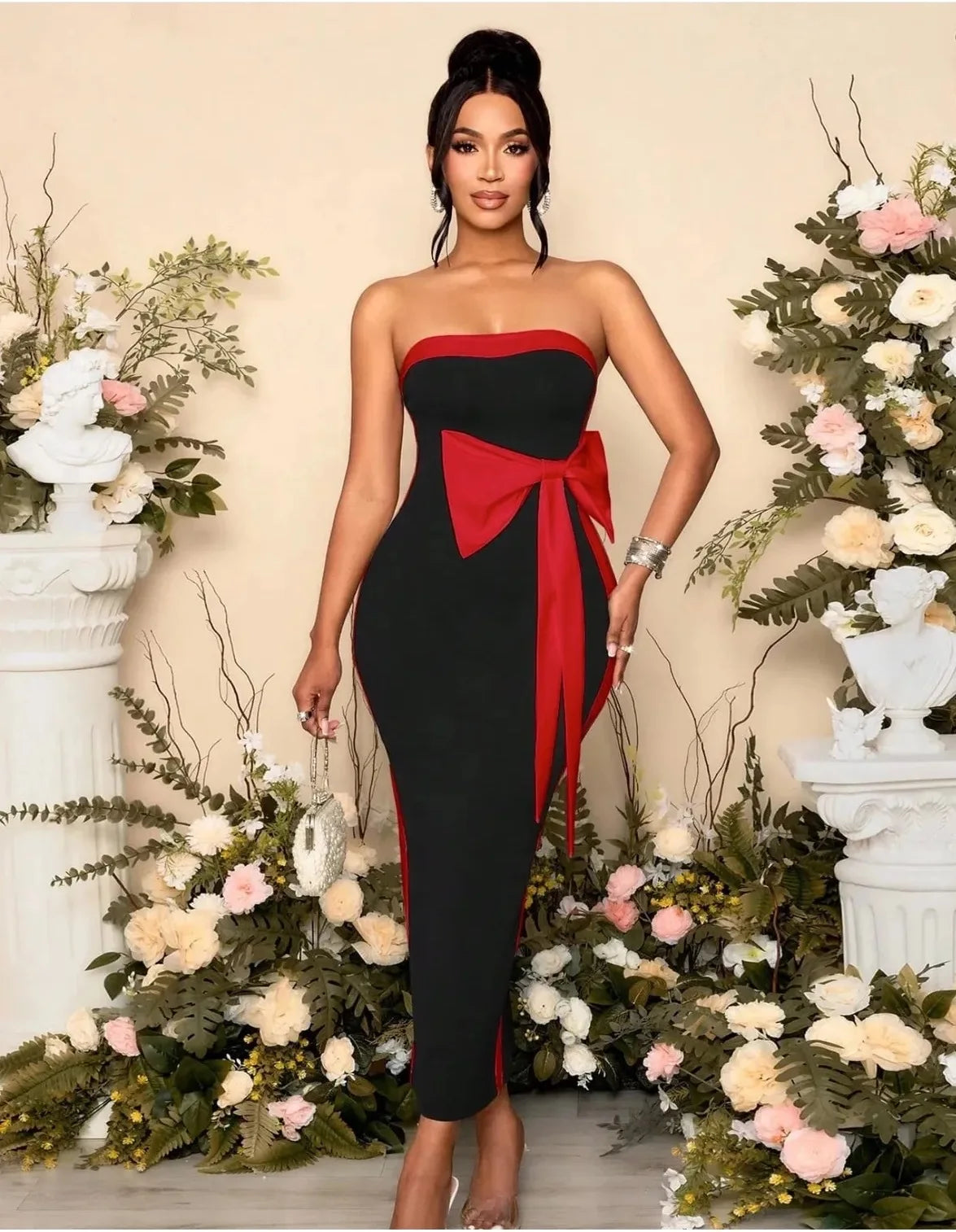 High Women Sexy Strapless Off the Shoulder Bow Bodycon Long Bandage Dress Nightclub Party Celebrate Birthday Outfit Red