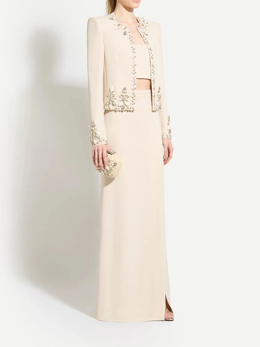 Solid Slimming Two Piece Sets for Women Round Neck Long Sleeves Patchwork Bead Top High Waist Split Skirt Female