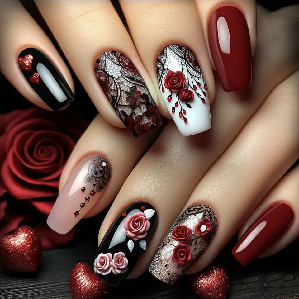 24Pcs Short Press on Nails Dark Red Black Mystical Valentine Design Ballet Fake Nails with Rose Pattern Wearable False Nail Art 2