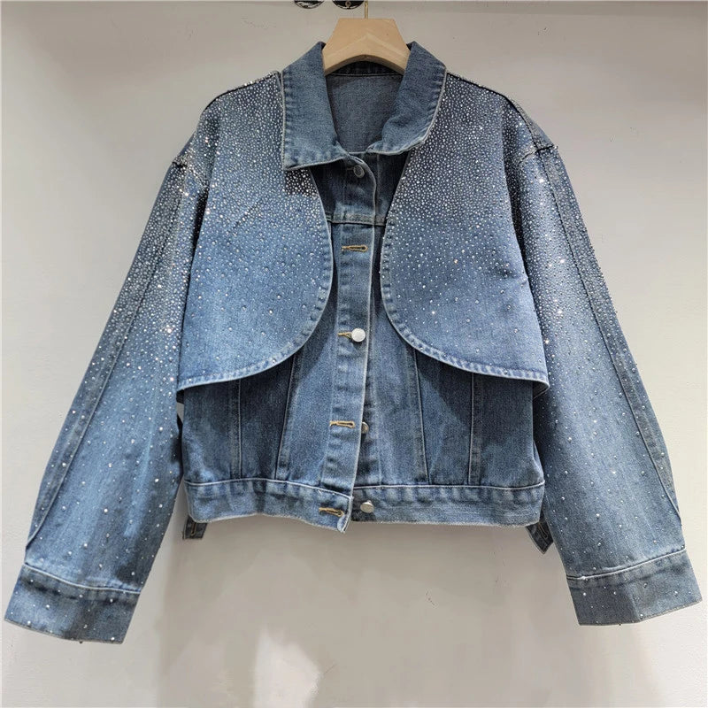 New Heavy Industry Bright Diamond Shiny Short Long Sleeve Cardigan Coat Vest Denim Two-piece Set For Women 11A07630 Blue One Size