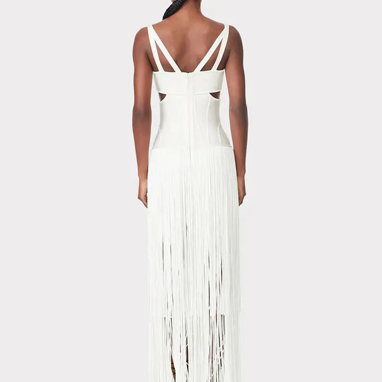 2024 Summer Sexy Tassel Bandage Dresses Women's Spaghetti Sleeveless Hollow Bodycon Long Dress Celebrity Evening Party Vesidos