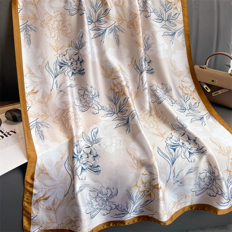 180*90cm Elegant Print Large Size Scarves Women Soft Silk Scarf Sun Protection Shawl Hijab Bandanna Foulard Muffler XL146-1 180X90cm