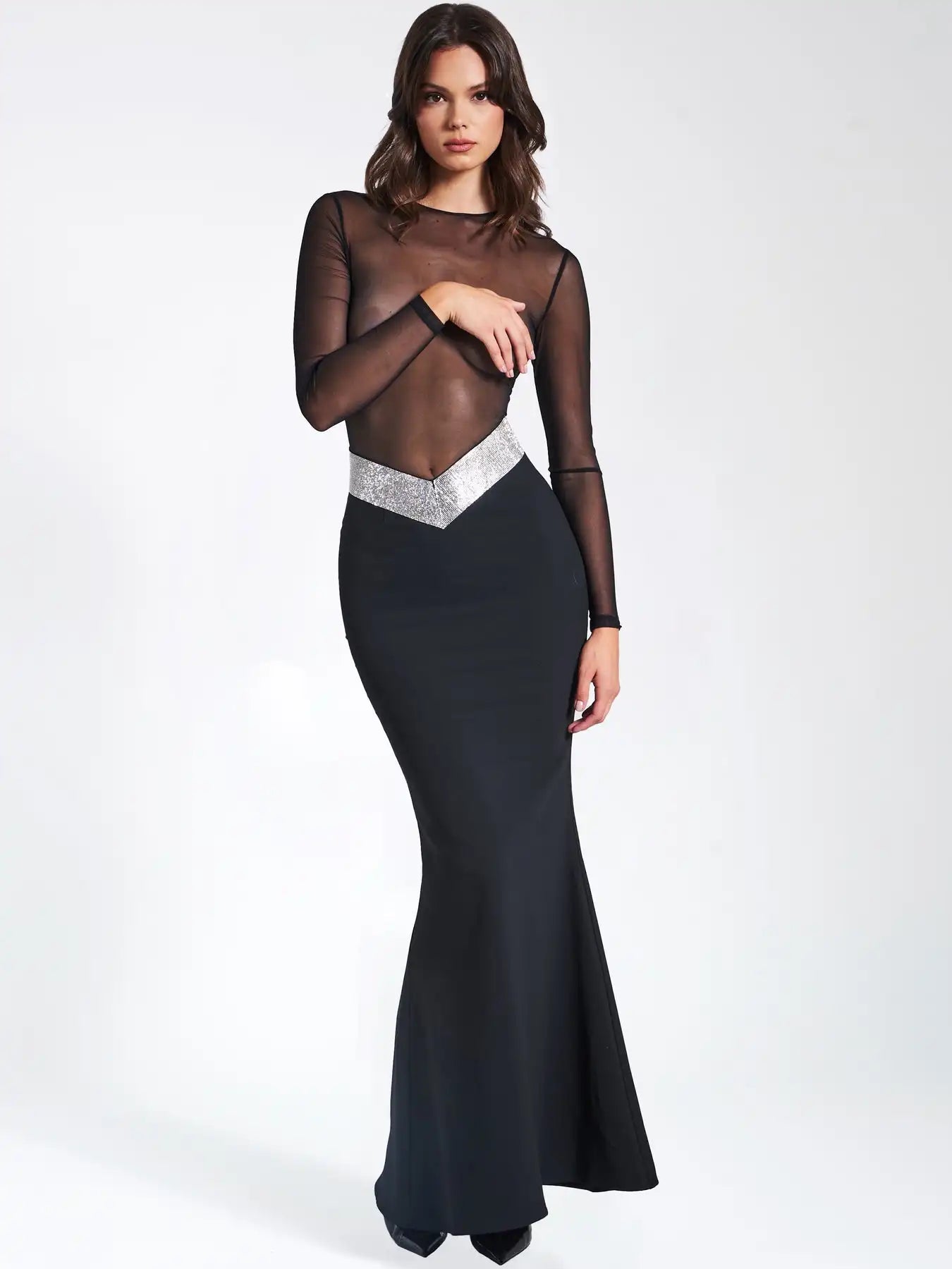 2023 Women Long Sleeve Sexy Mesh See Through Bodycon Bandage Mermaid Dress Nightclub Party Celebrate Dress black
