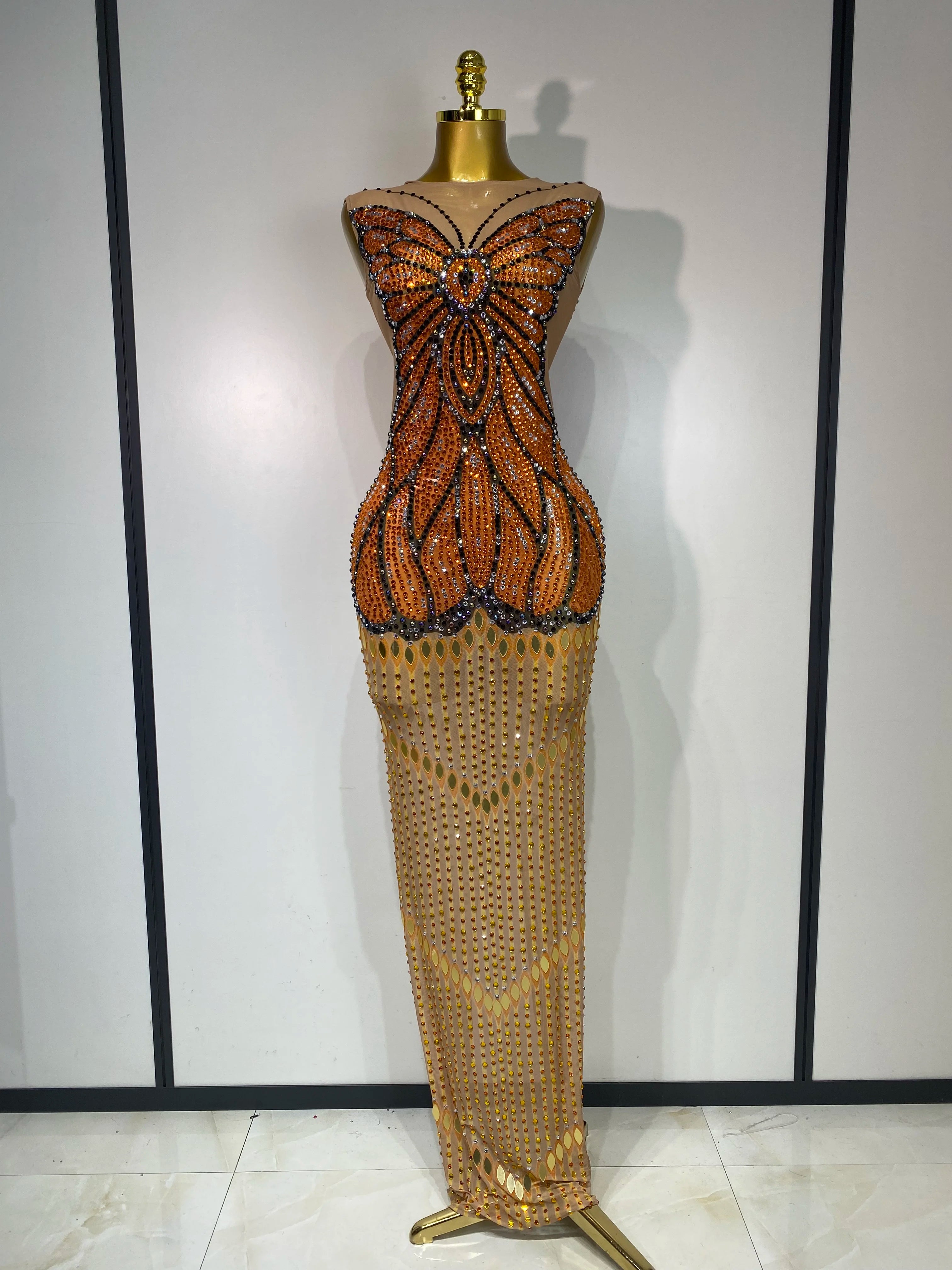 Luxury Rhinestones Mesh Long Dress 2025 Elegant Sexy Sleeveless Birthday Evening Party Gown Performance Singer Stage Outfit Long dress