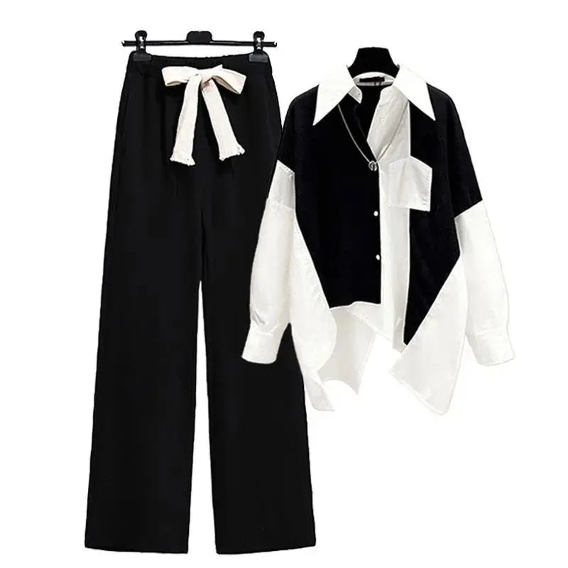 ツーピースセット女性シャツ + ワイドレッグパンツセット長袖韓国服ボタントラックスーツ 2023 パッチワークファッション秋のスーツ