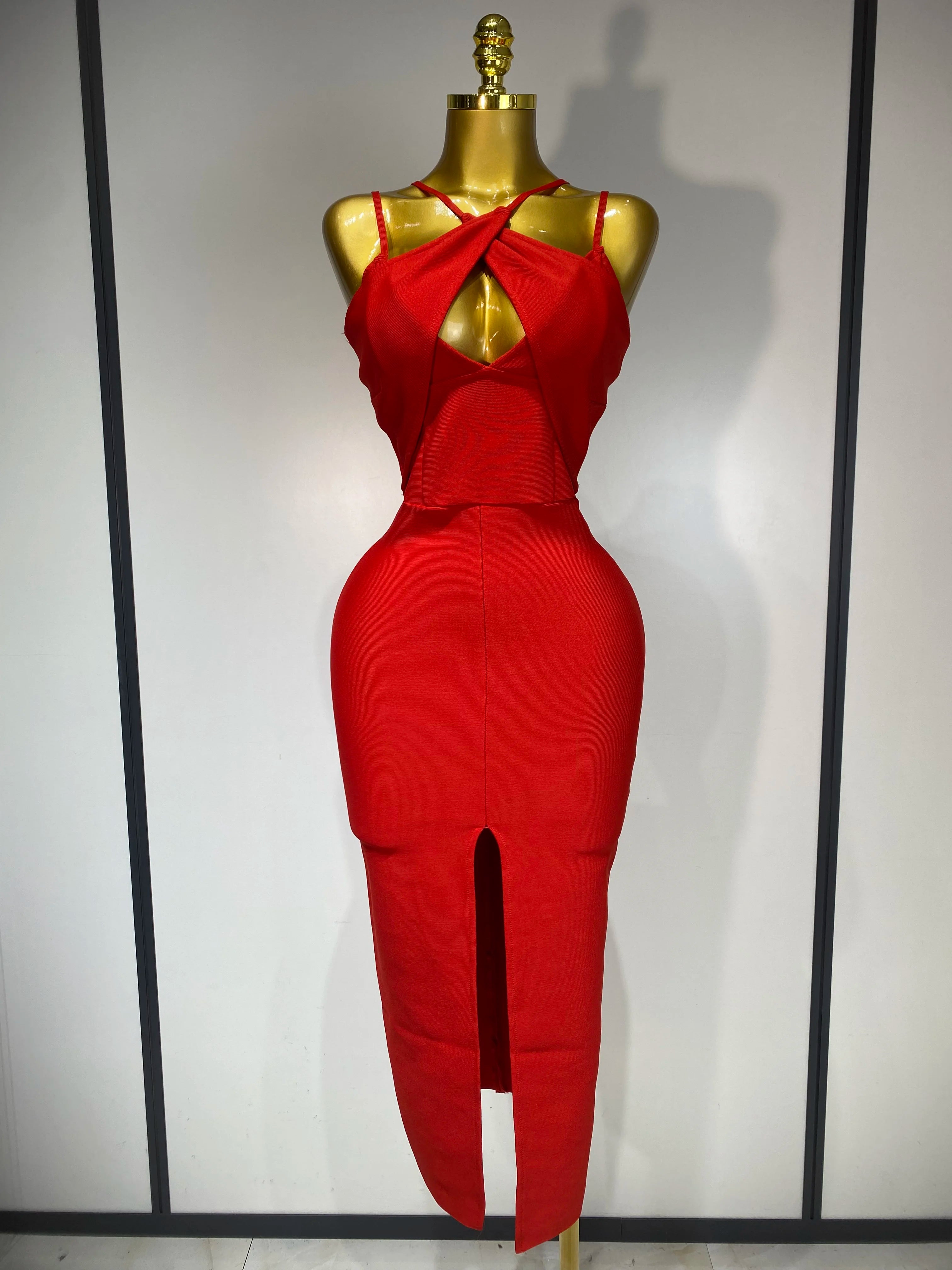 Women Sexy Sleeveless Hollow out Split Backless Red Midi Bandage Dress 2025 Celebrity Elegant Evening Luxury Birthday Dresses Red