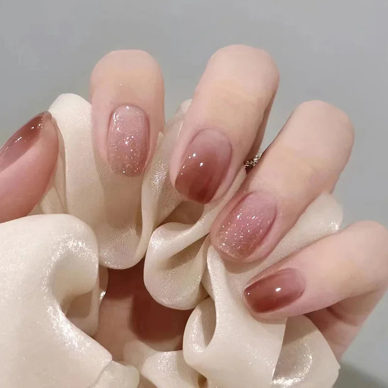 24Pcs Simple Short Gradient Nail Art with Jelly Glue Elegant Ballet Square Wearable False Nails Glitter Sweet Acrylic Nails Set 1