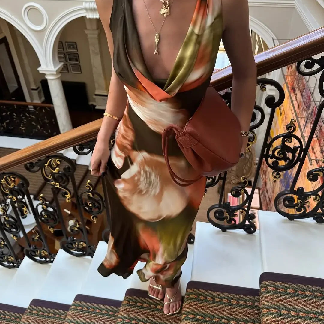 Women Tie Dyed Print Ruffles Maxi Dress Elegant Swing Neck Slim Fit Maxi Dresses Sexy Open Back Summer Evening Party Gowns 2025 picture color