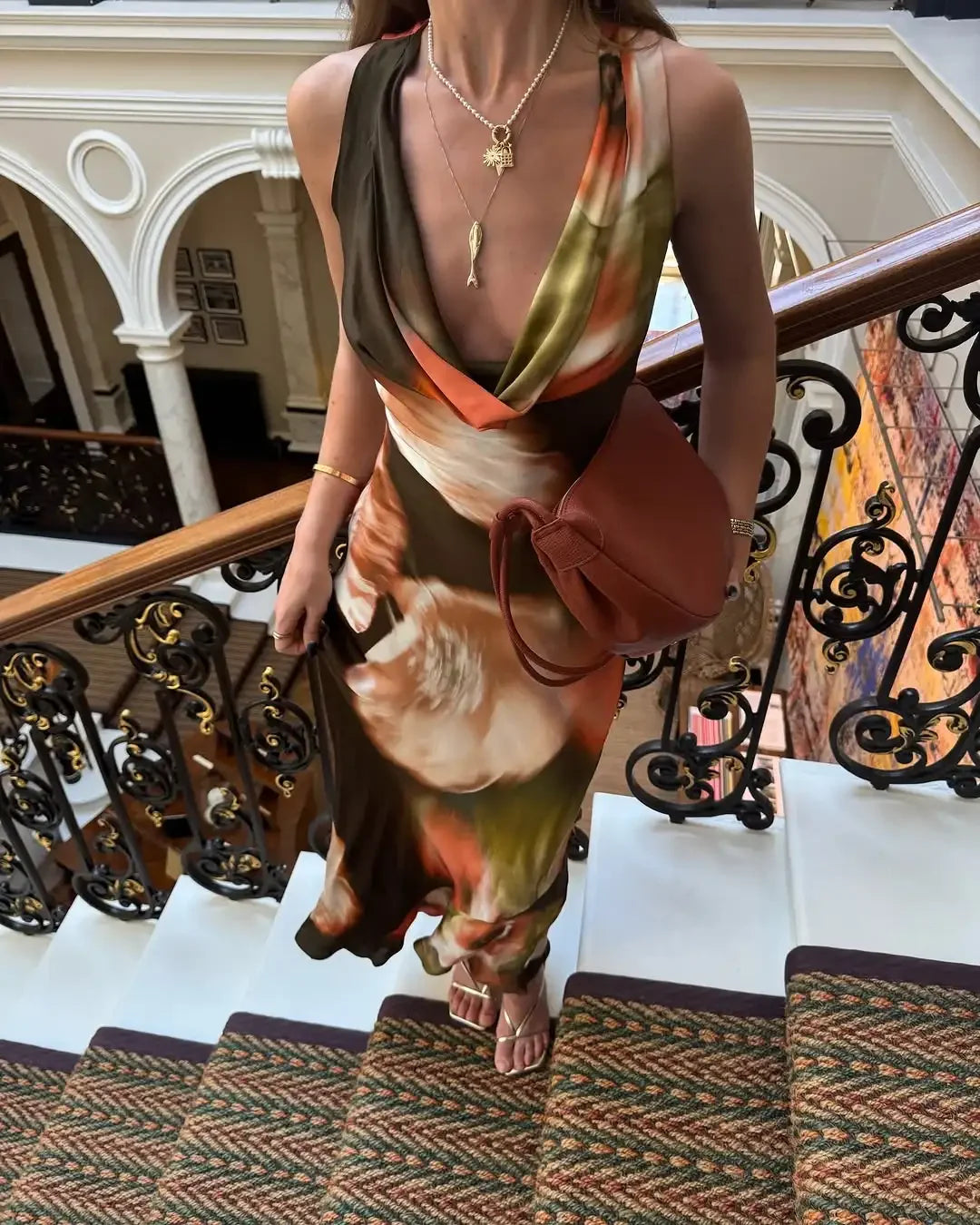 Women Tie Dyed Print Ruffles Maxi Dress Elegant Swing Neck Slim Fit Maxi Dresses Sexy Open Back Summer Evening Party Gowns 2025 picture color