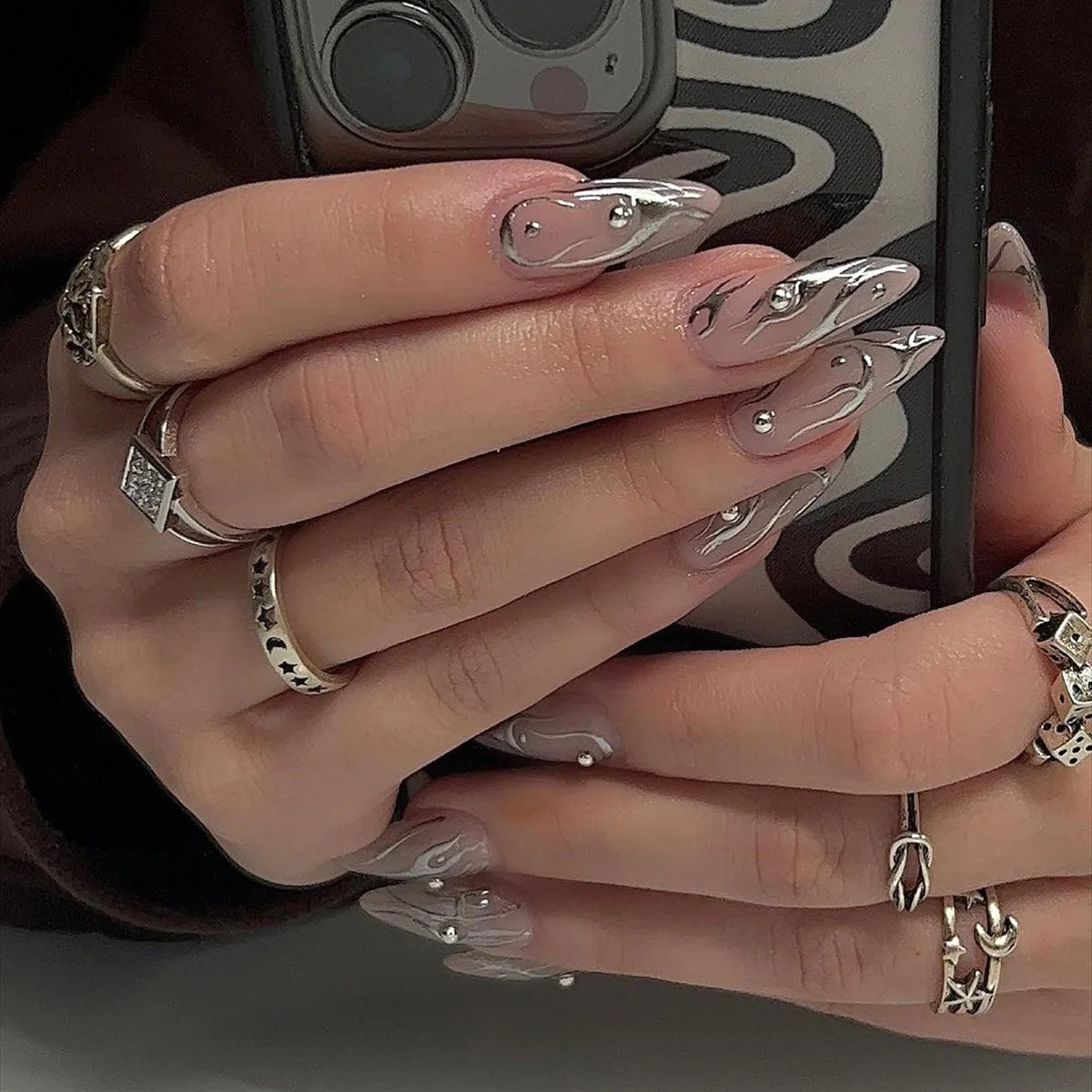 24Pcs Simple French Nails Art Tips Fake Nails 3D Design Wearable Full Cover False Nail Mid-length Almond Reusable Press on Nails 2794