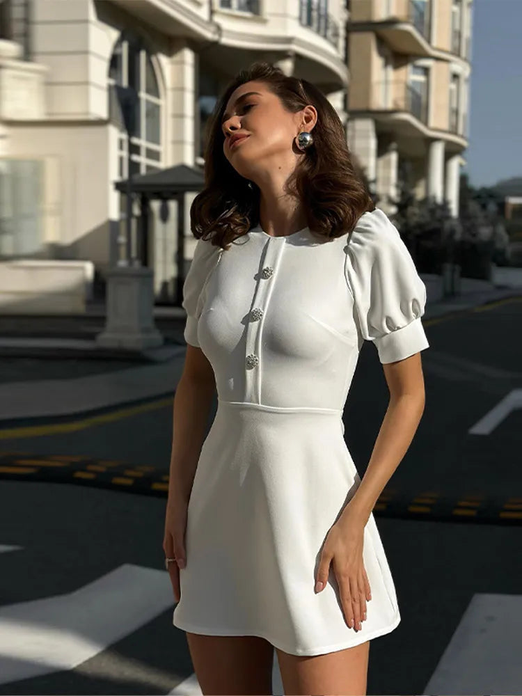 Elegant Doll Collar Mini Dress Women Spring Summer Chic Solid Short Sleeve Sexy Slim Button Dresses Female Commute Clothes