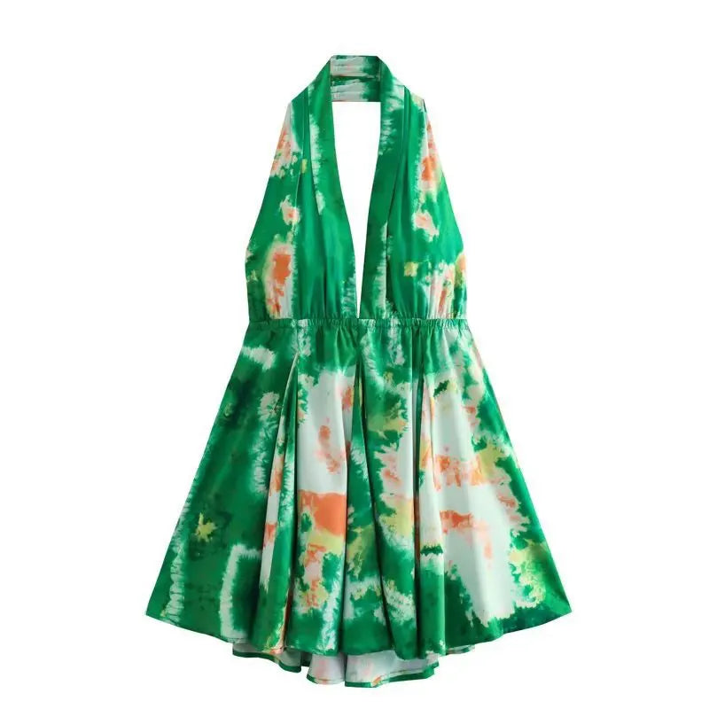 Floral Printed Beach Dress Women Mini Sexy Deep V-neck Backless Halter Female Dresses Summer Vacation Sleeveless Short Robe 01 green