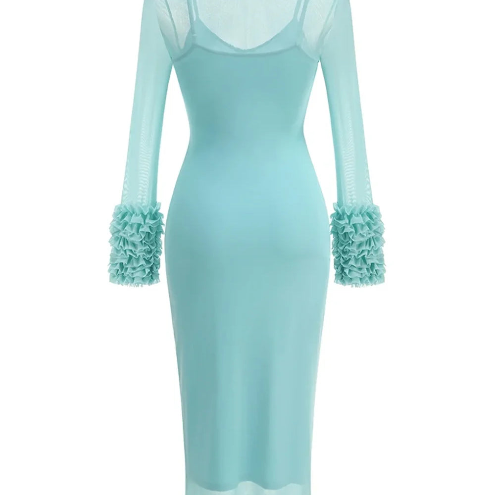 Sexy Turtleneck Ruffle-Cuff Mesh Tight Long Dress Women Long Sleeves Ruffles Bodycon Midi Dresses Evening Party Cocktail Club