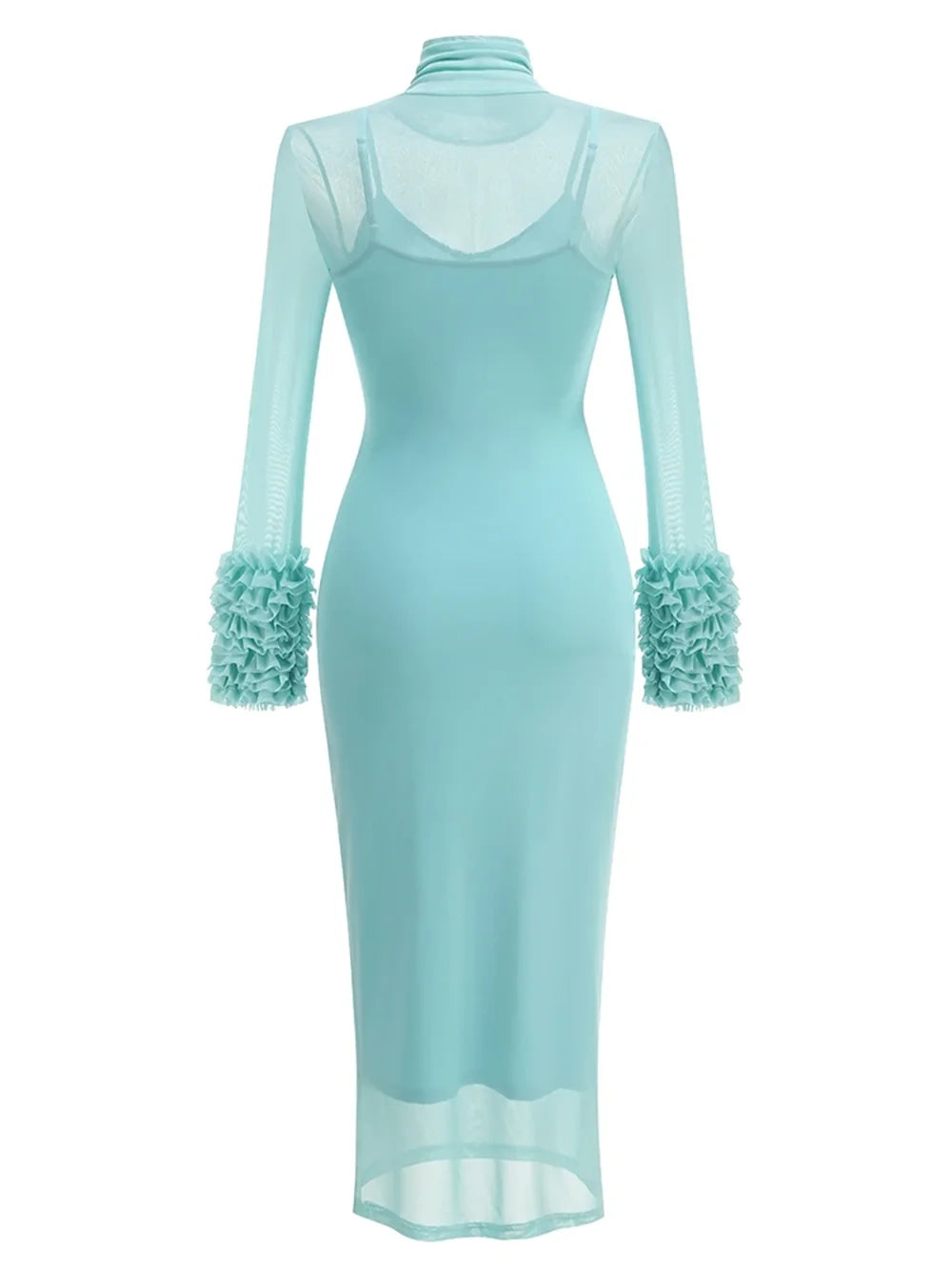 Sexy Turtleneck Ruffle-Cuff Mesh Tight Long Dress Women Long Sleeves Ruffles Bodycon Midi Dresses Evening Party Cocktail Club