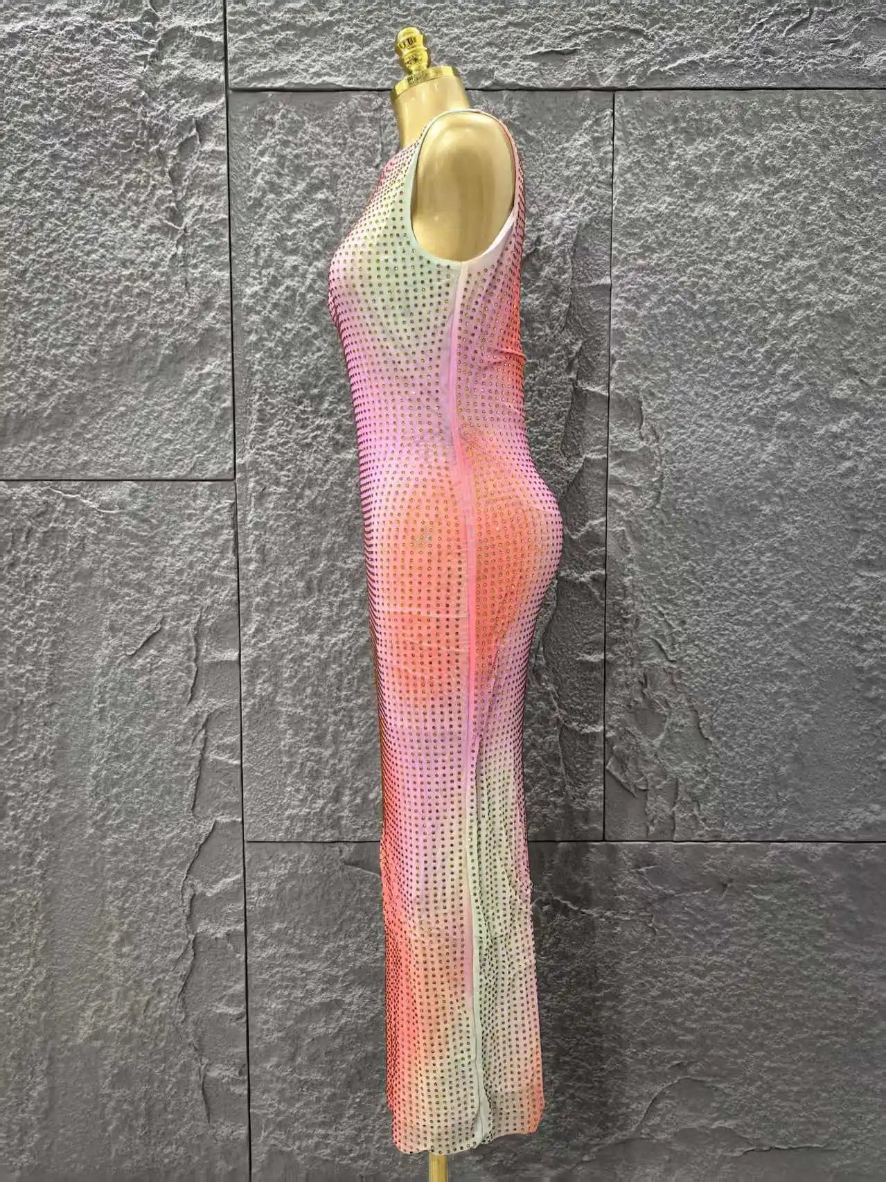 Shinning Rhinestones Women Sleeveless Sexy O-Mecl Bodycon Long Dress Mesh High Stretch Celebrate Evening Party Cocktail Dress