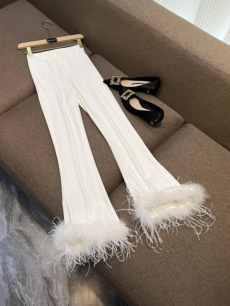 Feather Sleeve Pant Sets Blazer Pantsuits Two Pieces Set Spring Satin Collar Jacket Straight Pants Suits Outfits Women