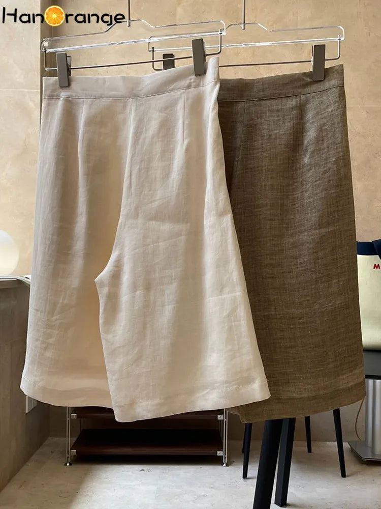 HanOrange Summer Lazy Linen Casual Knee Length Pants Women Loose Thin Anti-transparent A-line Profile Five Cents Trousers