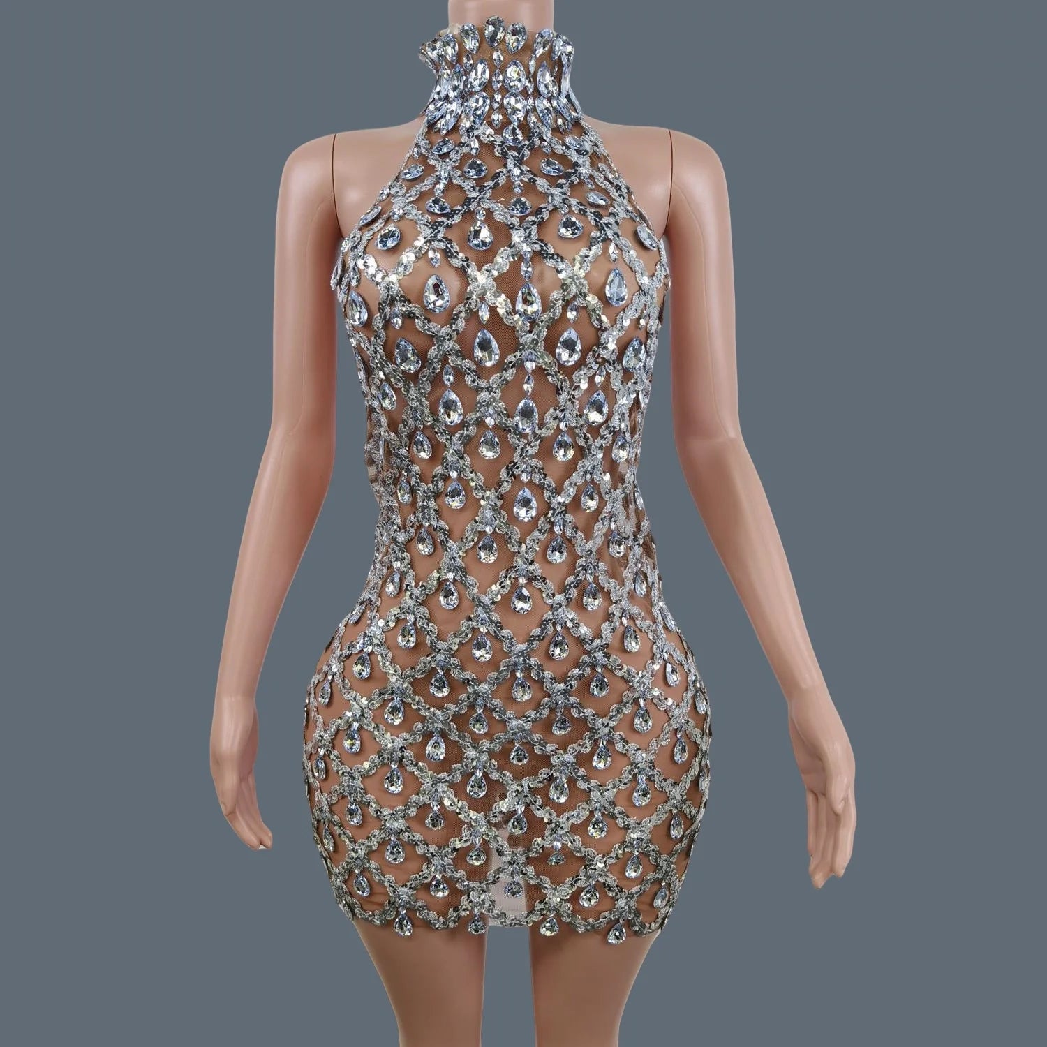 Sparkly Sequins Crystals Summer Mini Dress Sexy Sleeveless See Through Mesh Women Party Dress Event Singer Show Wear Shaokaojia silver One Size