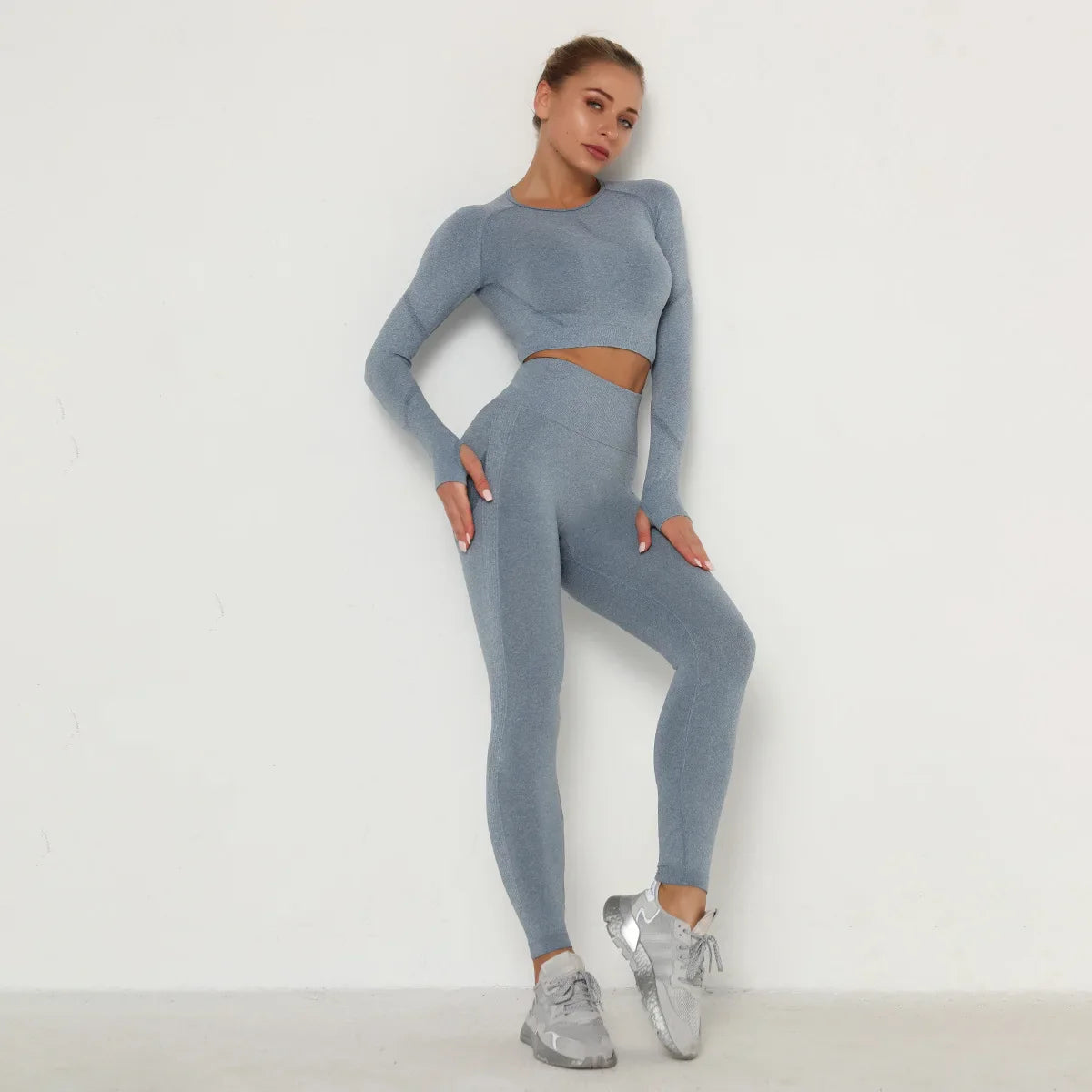 Seamless Yoga Sets Women Workout Sportswear Gym Clothing Long Sleeve Crop Top High Waist Leggings Workout Fitness Sports Suits SS77BL