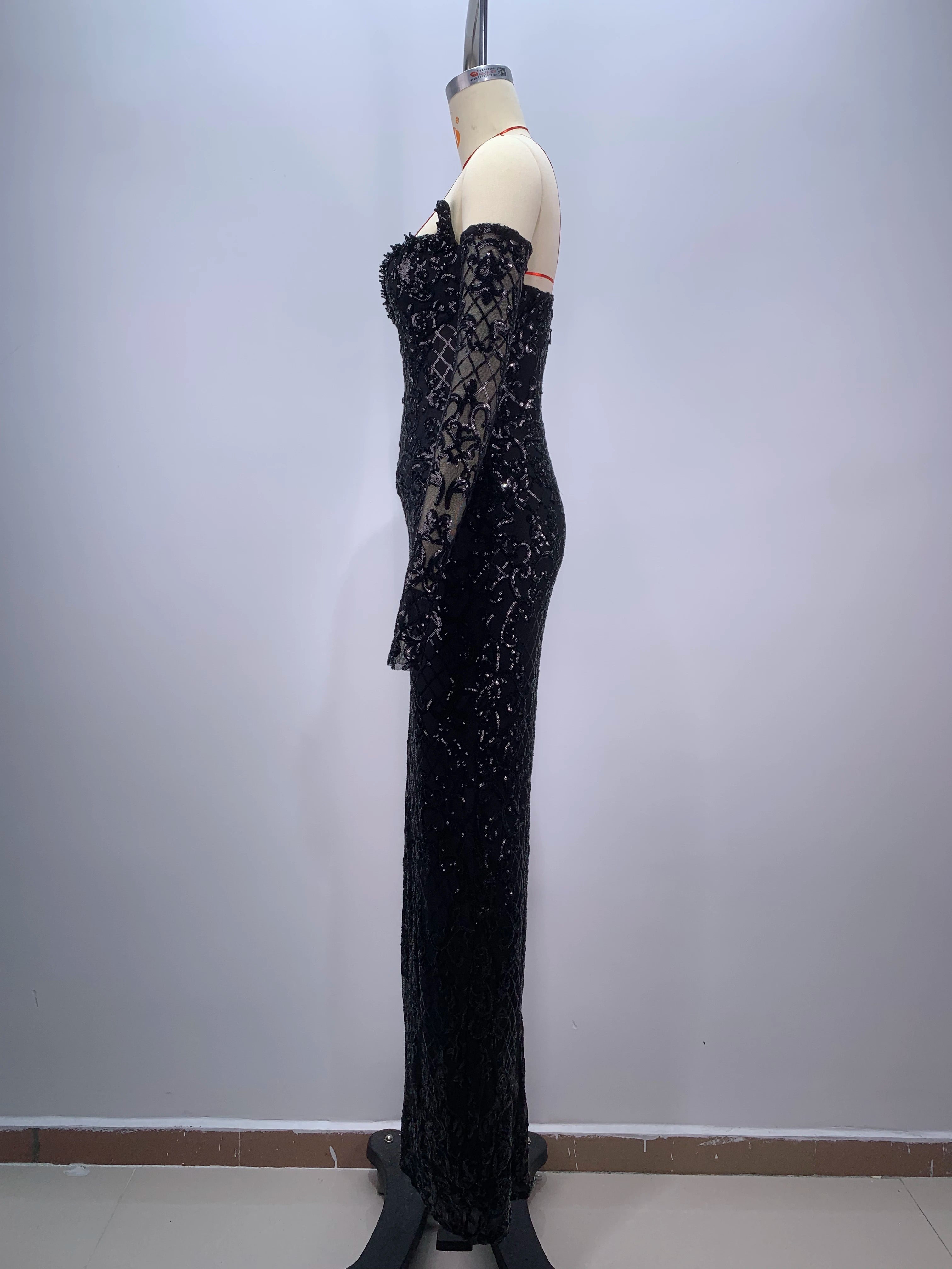 2024 Black Color Women Sexy Shinning Sequins High Split Bodycon Long Dress Gloves Celebrate Evening Party Prom Dress