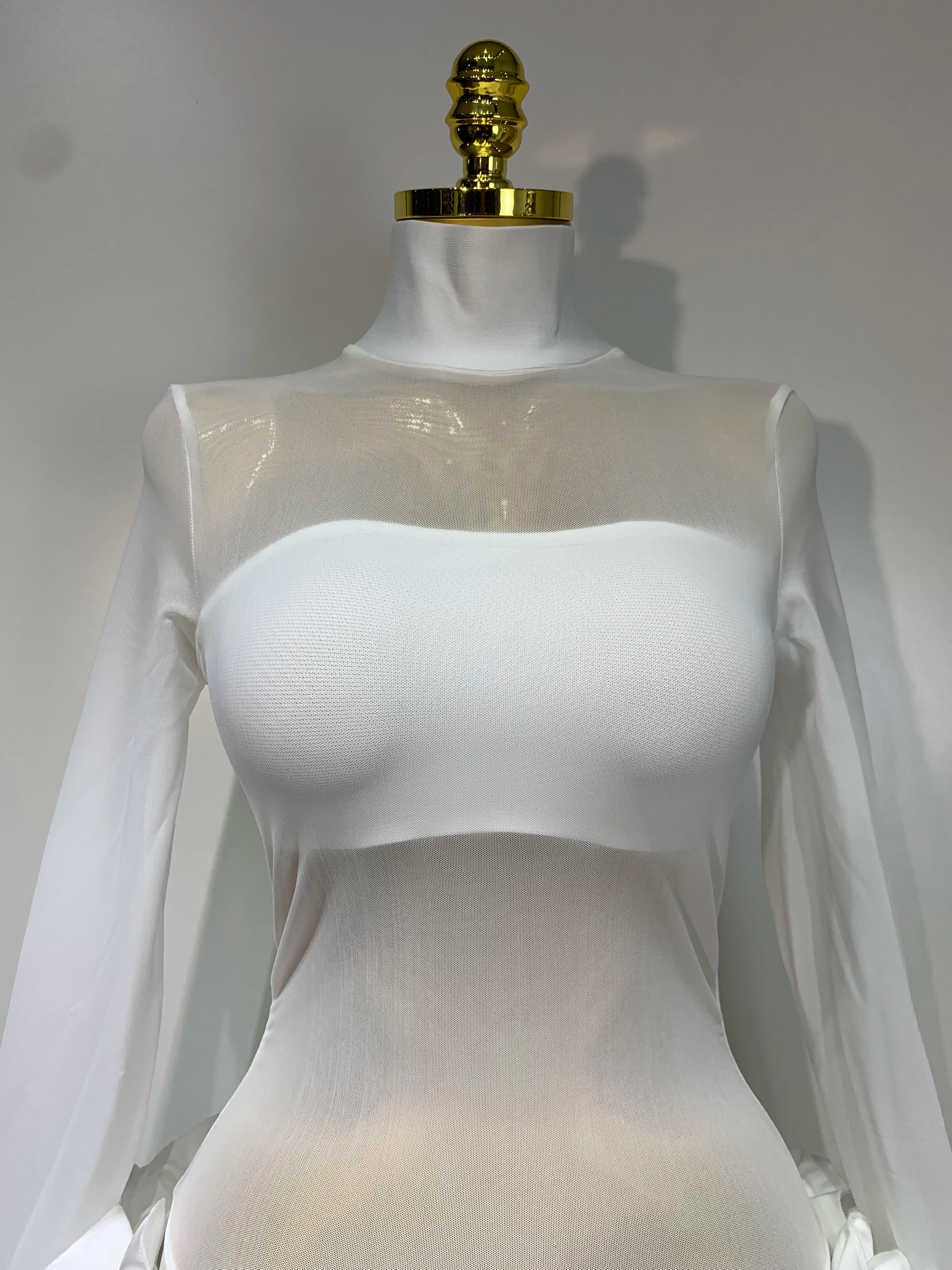 Women Sexy Mesh See through Stereoscopic Flowers White Red Mini Bandage Dress Birthday Evening Party Club Singer Perform Costume