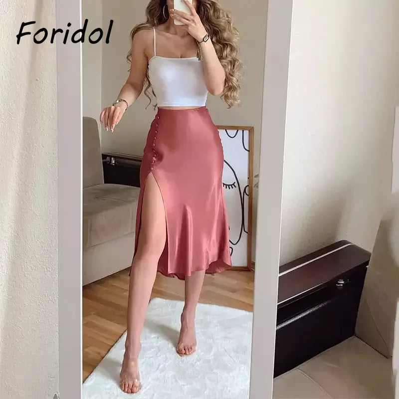 Foridol High Waist Button Slit Midi Satin Skirts Womens Autumn A-line Silk Elegant Skirt Bottoms Office Skirt Faldas Mujer