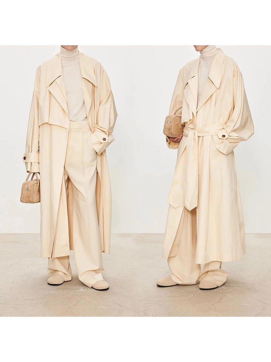Lautaro Spring Autumn Oversized Khaki Flowy Long Trench Coat for Women Sashes Luxury Loose Casual Korean Fashion Overcoat 2025