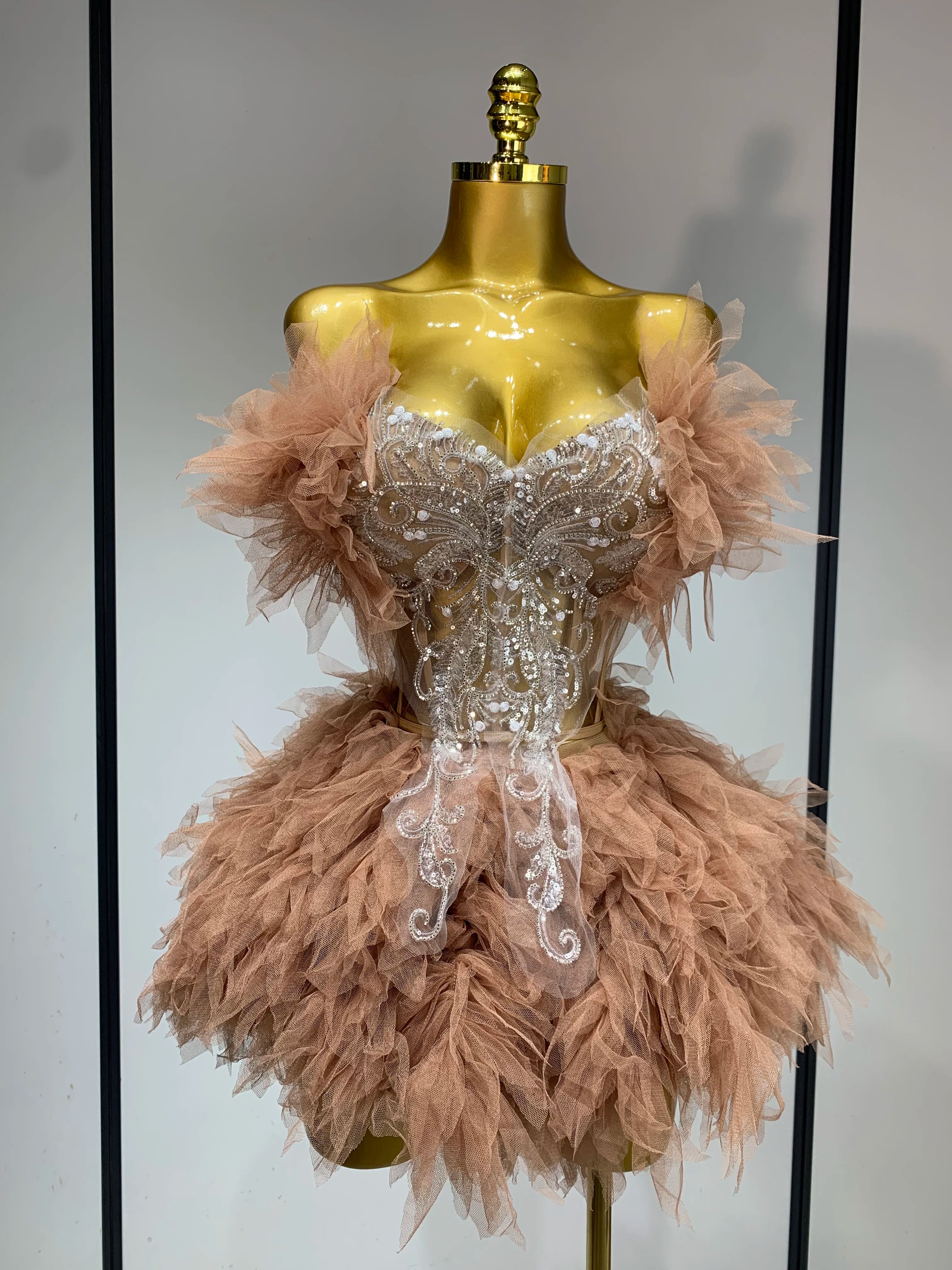 Women Sexy Strapless Mini Two Pieces Set Luxury Birthday Evening Party Dress Bar Nightclub Singer Dancer Stage Outfit Light Brown