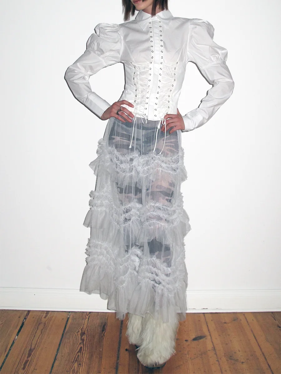 Solid Slimming Spliced Lace Up Elegant Blouses for Women Lapel Long Sleeves Patchwork Folds Top Female Clothing New