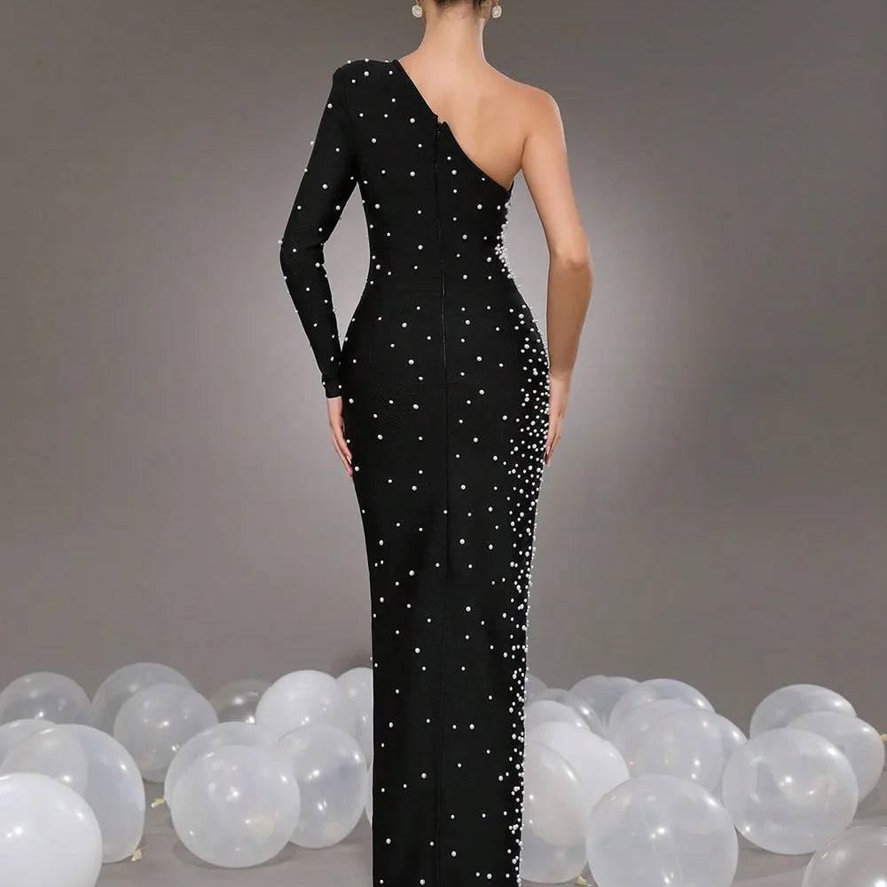 2025 Elegant Women Light Luxury Nail Bead Bandage Dress with Slant Neck Single Shoulder Sleeve Bodycon Black Long Dress Vestidos