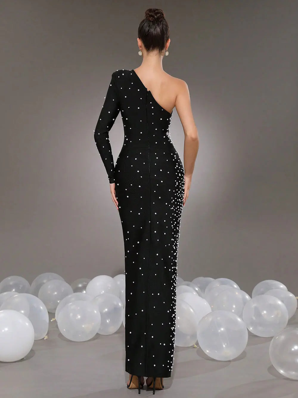 2025 Elegant Women Light Luxury Nail Bead Bandage Dress with Slant Neck Single Shoulder Sleeve Bodycon Black Long Dress Vestidos