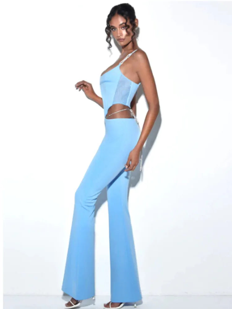Shiny Chain Sling Sleeveless Cropped Top and Pants 2 Piece Set 2022 New Summer Women's Sexy Club Party Pants Set Outfits